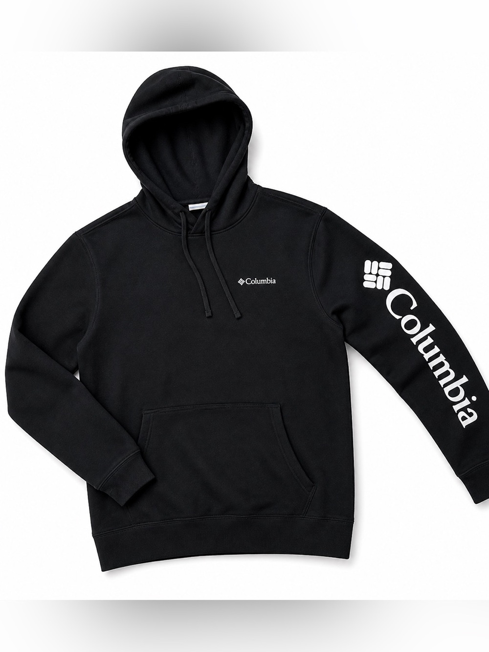Columbia Hoodie Black Pullover Men’s Athletic Outdoor Sweatshirt Logo Sleeve (L)